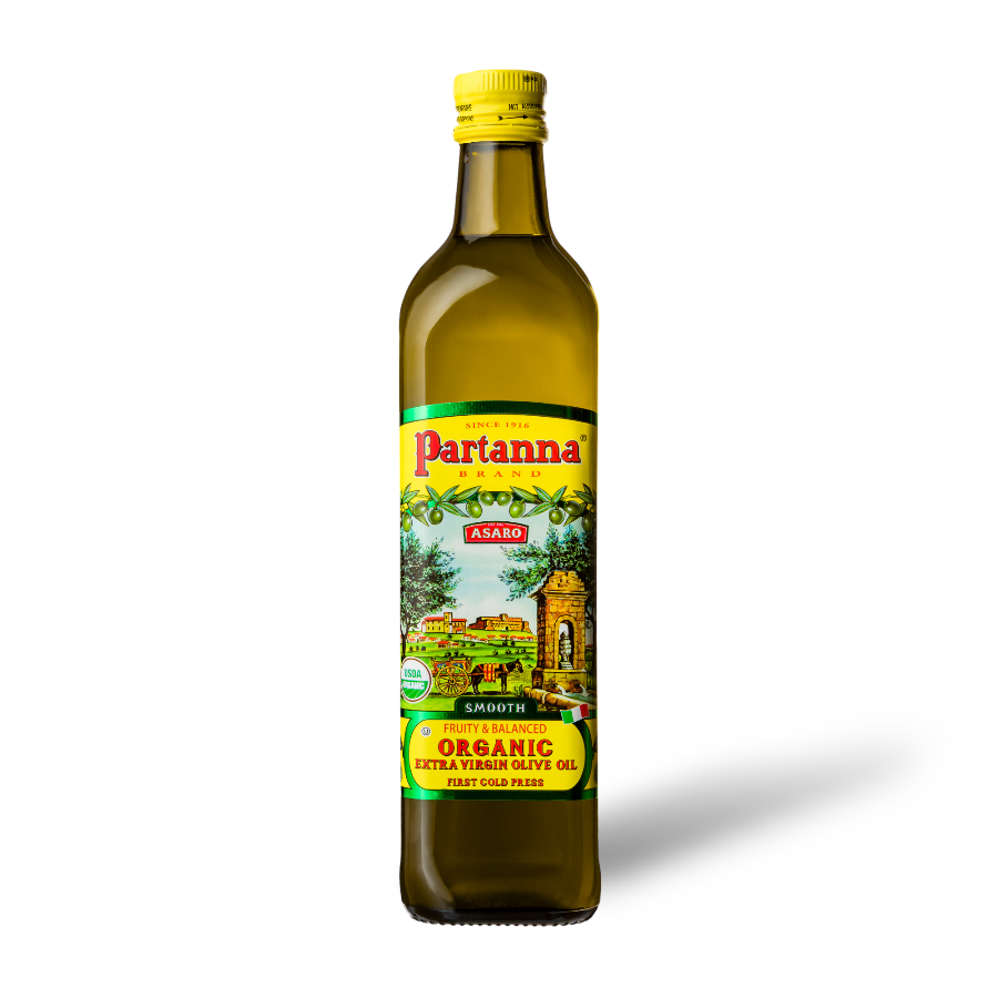 A front view of a bottle of Partanna olive oil.