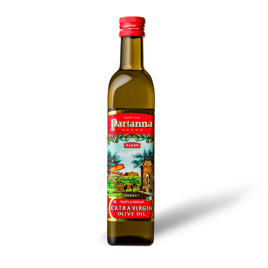 A bottle of Partanna Sicilian Robust Extra Virgin Olive Oil with a red cap and a label depicting an illustration of a field and olive trees.