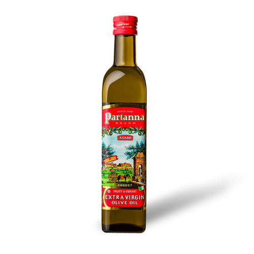 A bottle of Partanna Sicilian Robust Extra Virgin Olive Oil with a red cap and a label depicting an illustration of a field and olive trees.