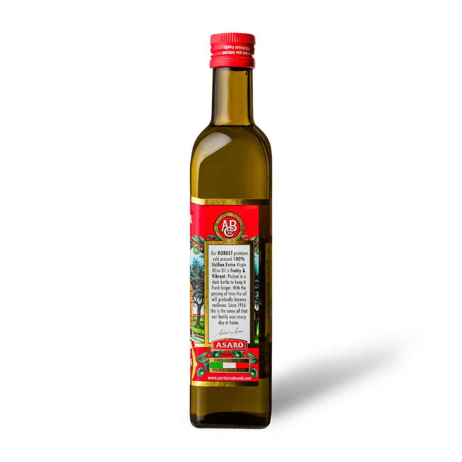 A side view of a bottle of Partanna Sicilian Robust Extra Virgin Olive Oil with a red cap
