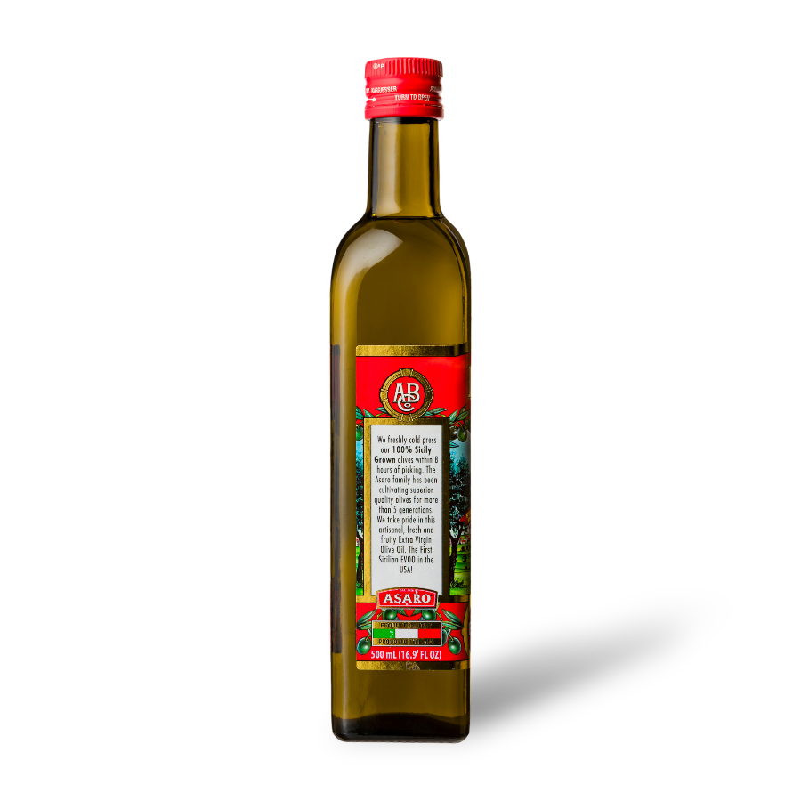 A side view of a bottle of Partanna Sicilian Robust Extra Virgin Olive Oil with a red cap