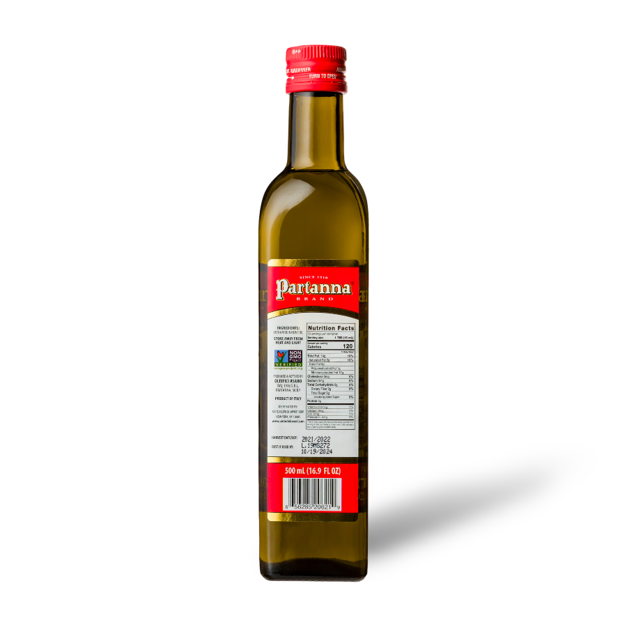 A side view of a bottle of Partanna Sicilian Robust Extra Virgin Olive Oil with a red cap