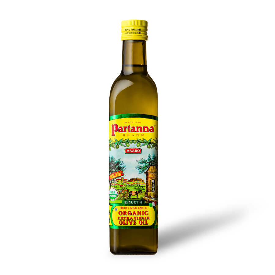 A bottle of Partanna Sicilian Organic Unfiltered Extra Virgin Olive Oil with a label displaying the brand name, product type, and an illustration of olive trees.