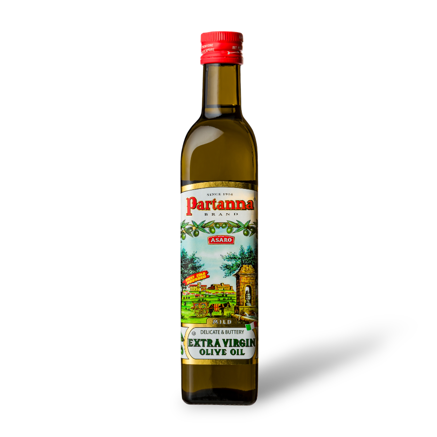 A bottle of Partanna Mild Extra Virgin Olive Oil with a label depicting an illustration of a grove and the text Extra Virgin Olive Oil.