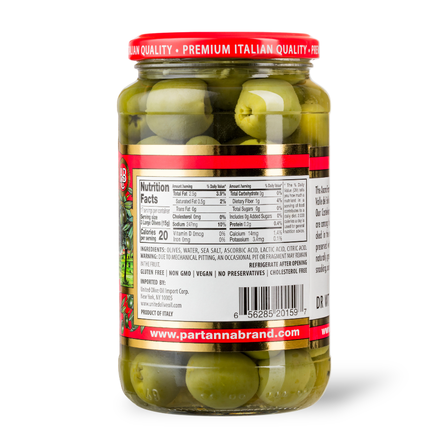A back view of a jar of Partanna Pitted Castelvetrano Green Olives with the product label visible.