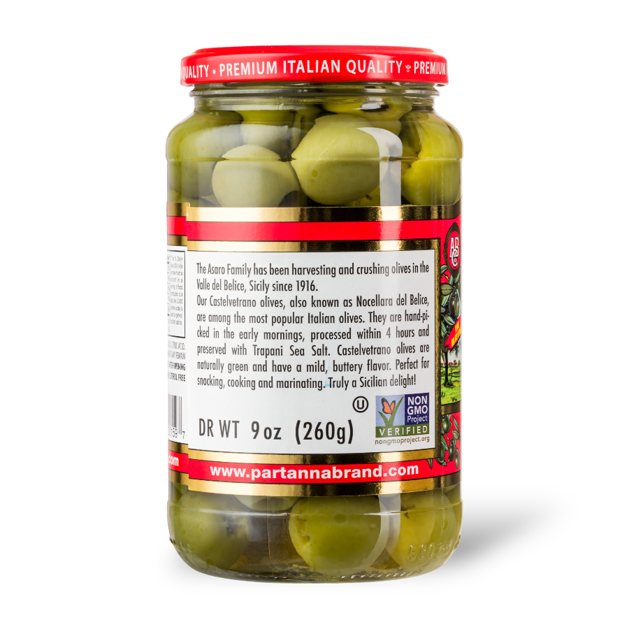 A back view of a jar of Partanna Pitted Castelvetrano Green Olives with the product label visible.