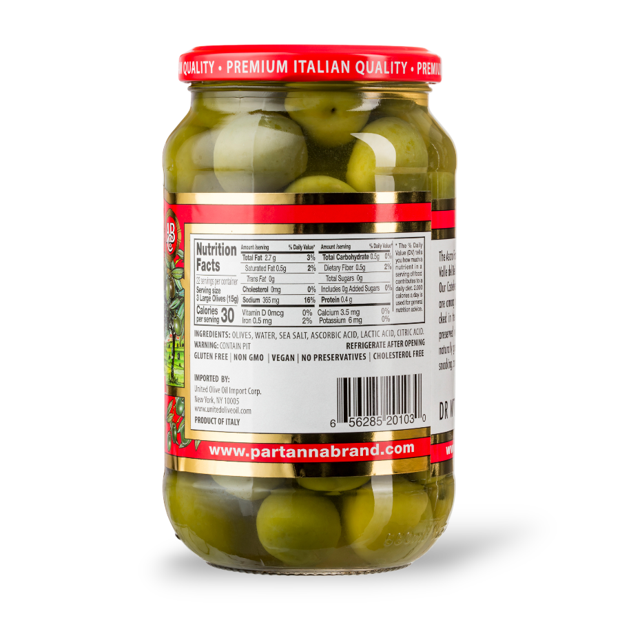 The back view of a jar of Partanna green olives.