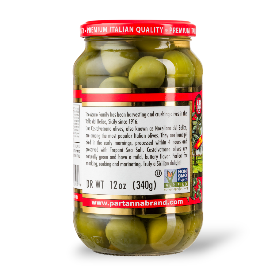 A rear view of a jar of Partanna green olives.