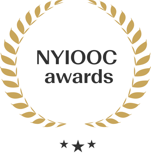 “Gold laurel wreath emblem with the text ‘NYIOOC Awards’ in the center and a five-point star at the bottom