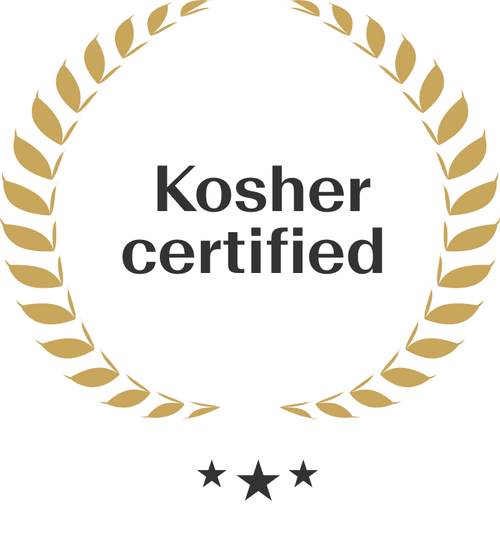 Gold laurel wreath emblem with the text ‘Kosher certified’ in the center and a five-point star at the bottom
