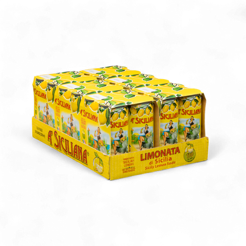 Pack of A Siciliana Limonata drinks in yellow packaging on a white background