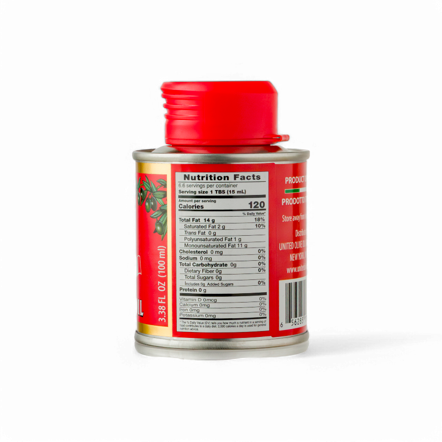 A side view of a can of Partanna Extra Virgin Olive Oil with a red cap and a label