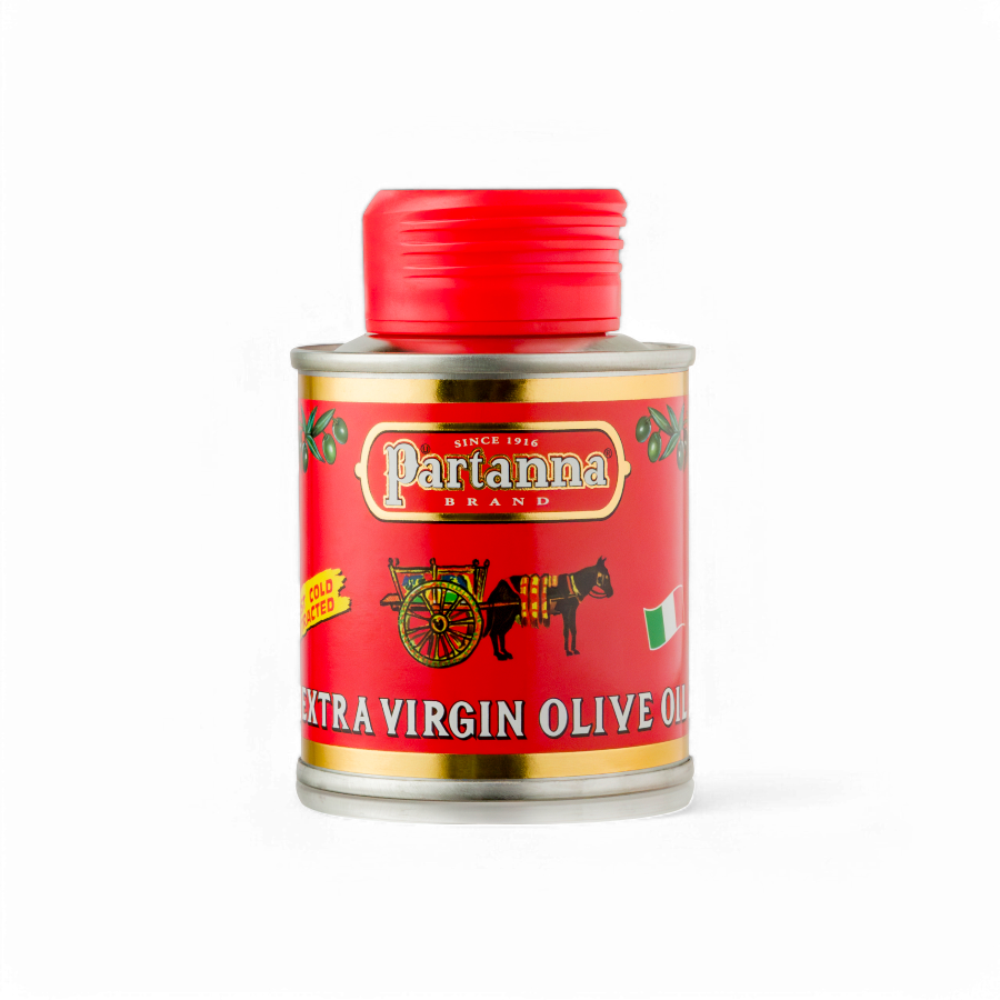 A can of Partanna Extra Virgin Olive Oil with a red cap and a label featuring an illustration of a horse-drawn cart.