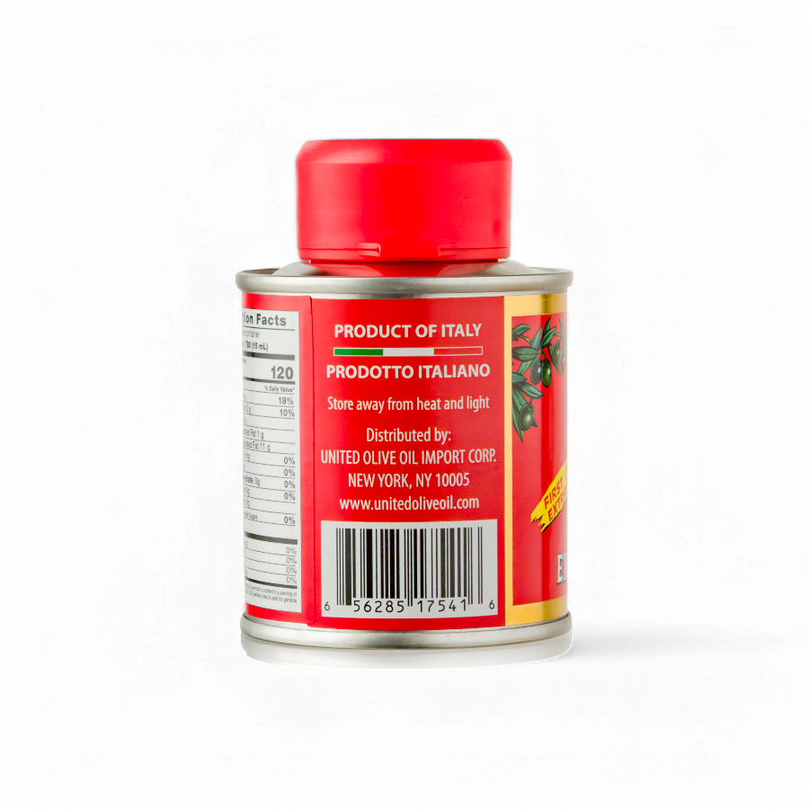 A side view of a can of Partanna Extra Virgin Olive Oil with a red cap and a label