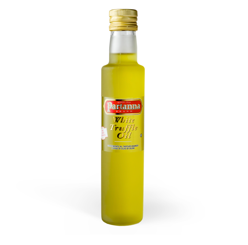A bottle of Partanna White Truffle Olive Oil with a yellow label on a white background.