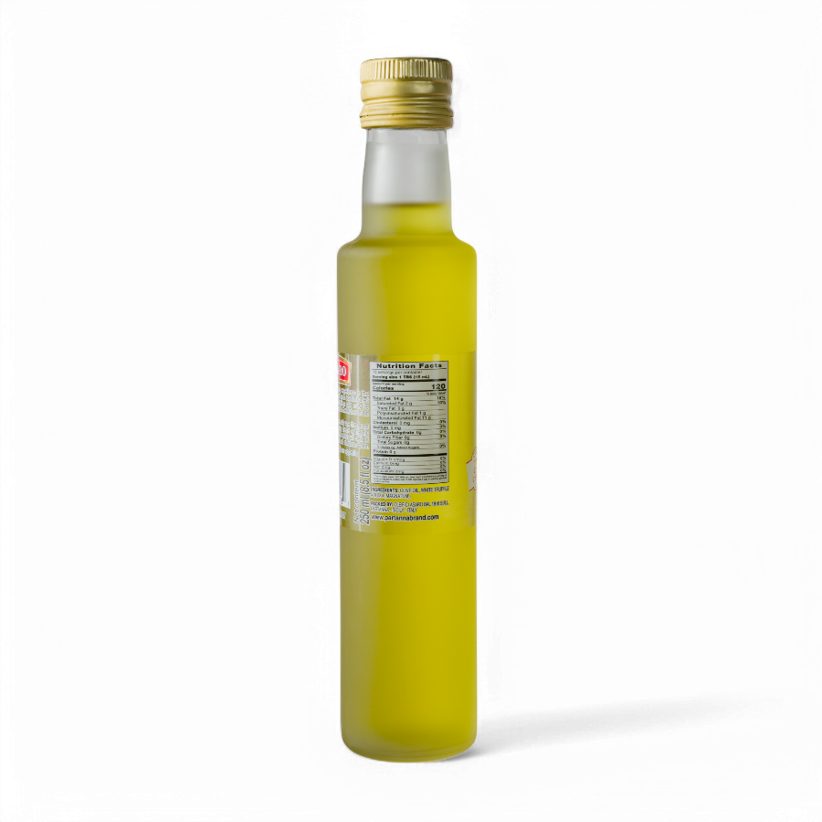 A side view of a bottle of Partanna white truffle oil with a yellow cap