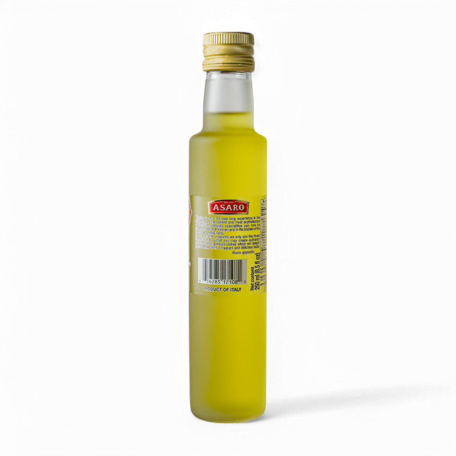 A back view of a bottle ofPartanna white truffle oil with a yellow cap