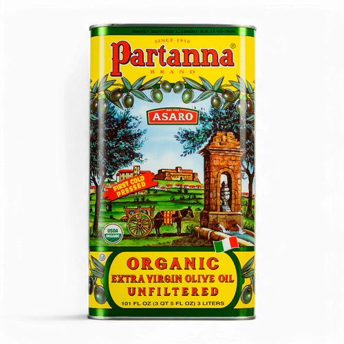 A yellow tin can of Partanna Sicilian Organic Unfiltered Extra Virgin Olive Oil with an illustration of olive trees and a landscape in the background.
