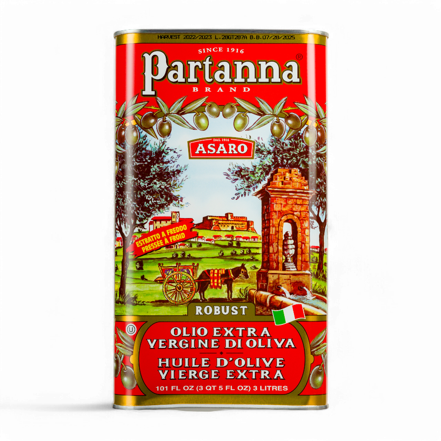 A red tin can of Partanna olio extra vergine di oliva