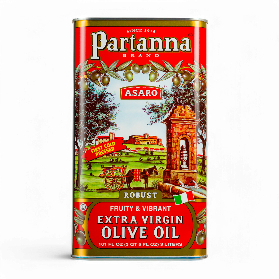 A red tin can of Partanna Sicilian Robust Extra Virgin Olive Oil with an illustration of a old-world Italian scene and olives.