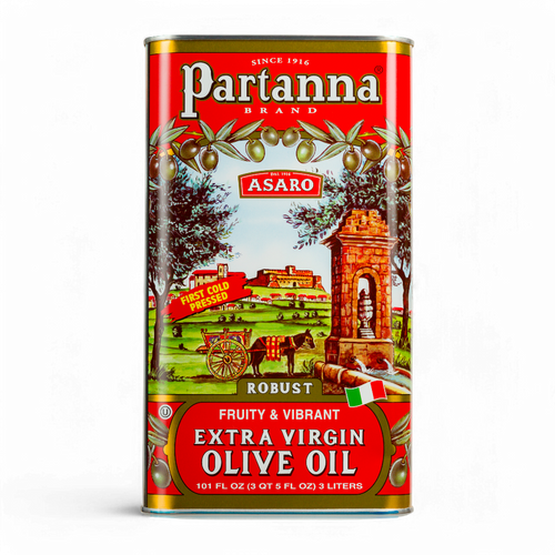 A red tin can of Partanna Sicilian Robust Extra Virgin Olive Oil with an illustration of a old-world Italian scene and olives.