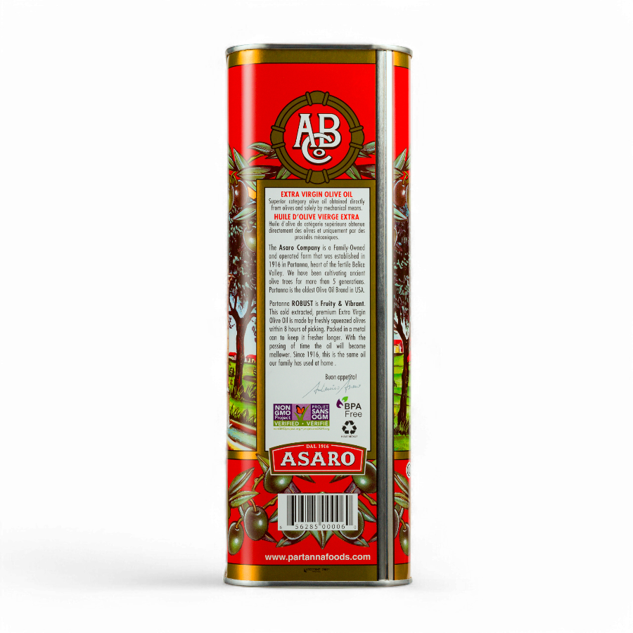 A side view of a red tin can of Partanna olive green oil