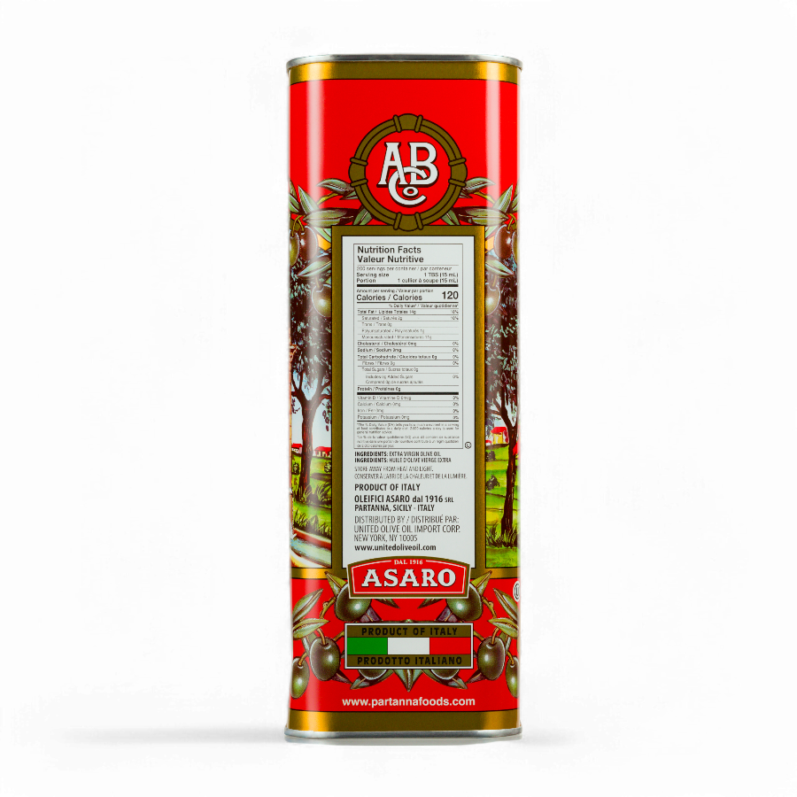 A side view of  a red tin can of Partanna olive green oil