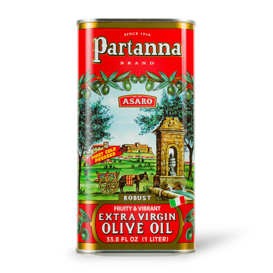 A red tin can of Partanna Sicilian Robust Extra Virgin Olive Oil with an illustration of a old-world Italian scene and olives.