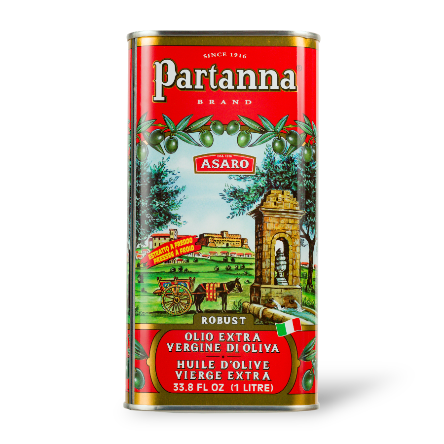 A red can tin of Partanna Olio Extra Vergine Di Oliva
