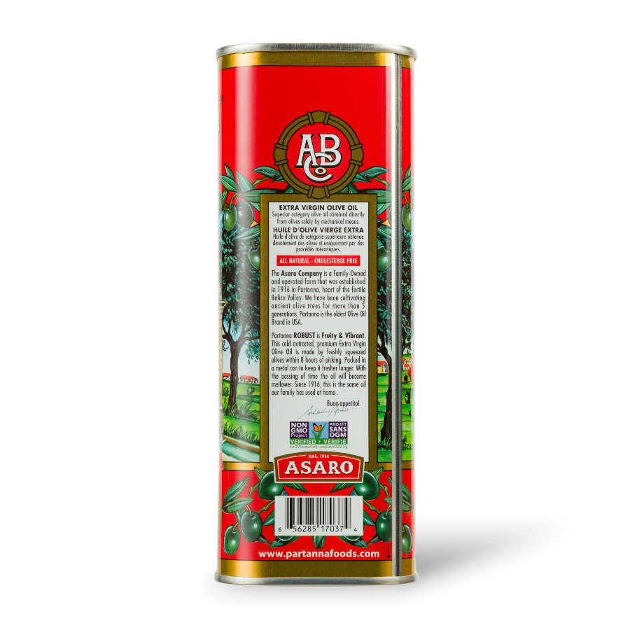 A back view of a red tin can of Partanna green olive oil