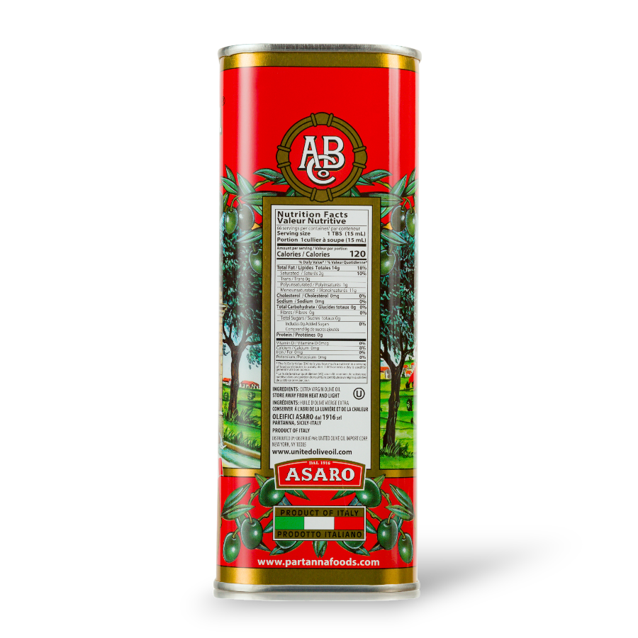 A side view of a red tin can of Partanna olive oil