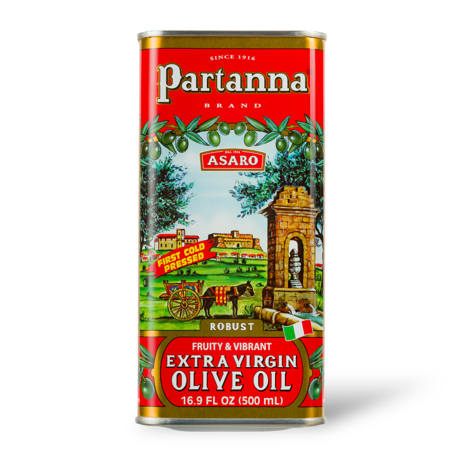 A red tin can of Partanna Sicilian Robust Extra Virgin Olive Oil with an illustration of a old-world Italian scene and olives.