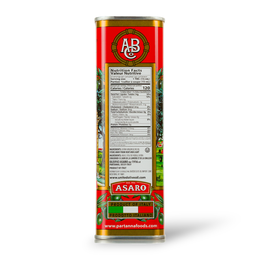 A side view of a red tin can of Partanna Sicilian Robust Extra Virgin Olive Oil