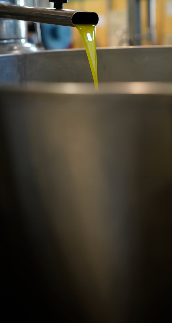 A close-up shot of olive oil being poured from a spout into a large container, with the oil’s vibrant yellow color contrasting against the metallic background