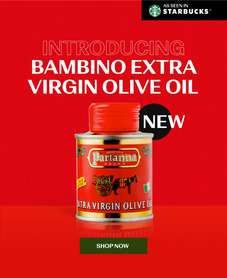 A red banner "Introducing Bambino Extra Virgin Olive Oil" with a red tin can of the product beneatheh it