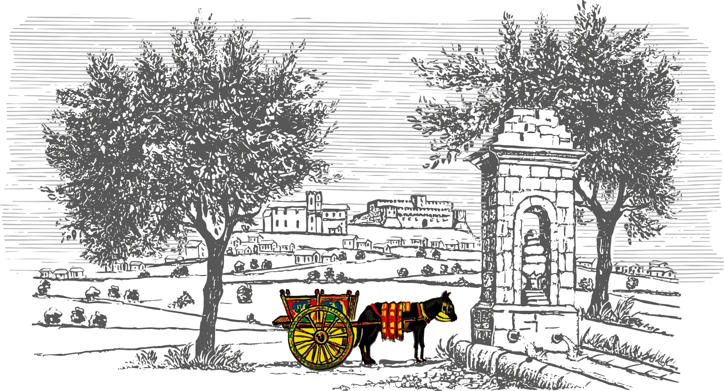 Vintage illustration of a cart with a horse near a stone archway and buildings in the background.