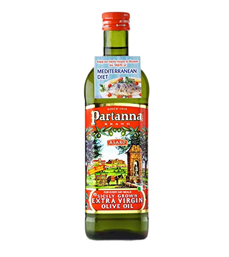 Bottle of Partanna Extra Virgin Olive Oil with Mediterranean Diet label on top, showcasing vibrant red packaging and an image of the Asaro region