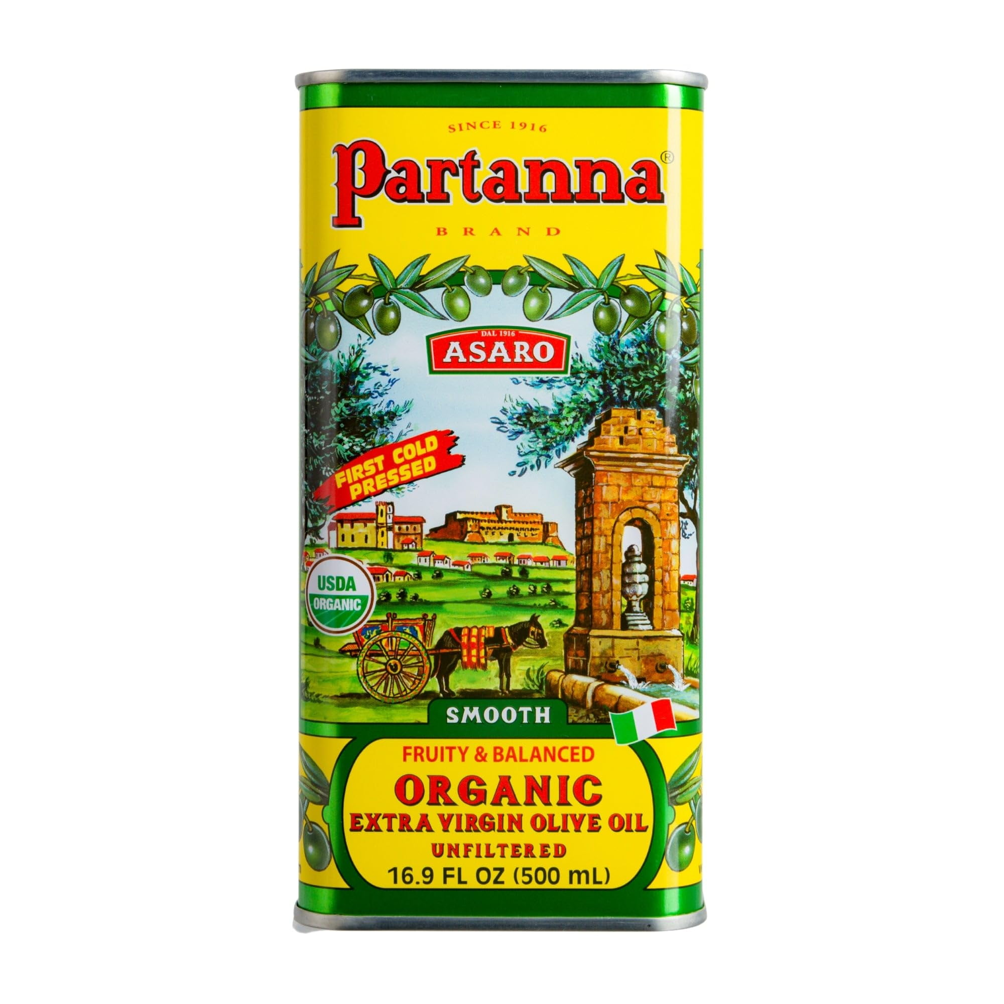 A yellow tin can of Partanna Sicilian Organic Unfiltered Extra Virgin Olive Oil with an illustration of olive trees and a landscape in the background.