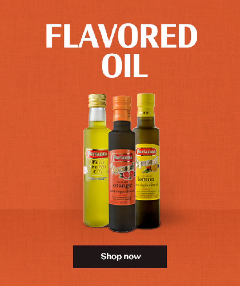 An orange banner featuring Flavored Oil with bottles displayed underneath.