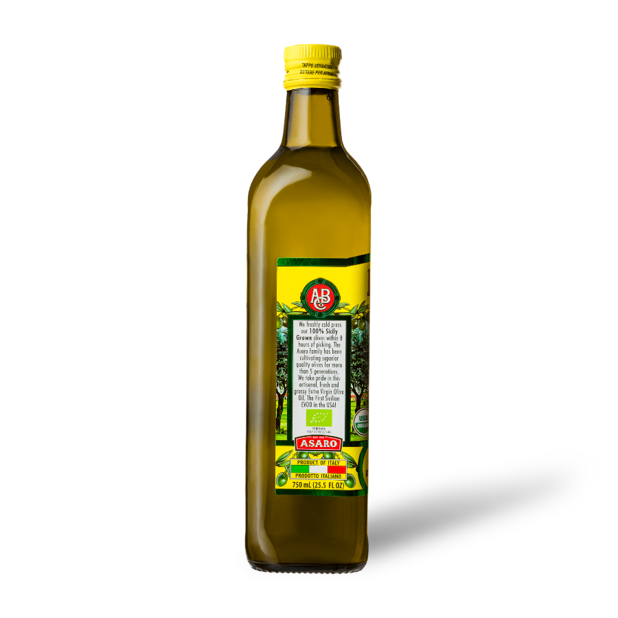 A side view of a bottle of Partanna olive oil. 