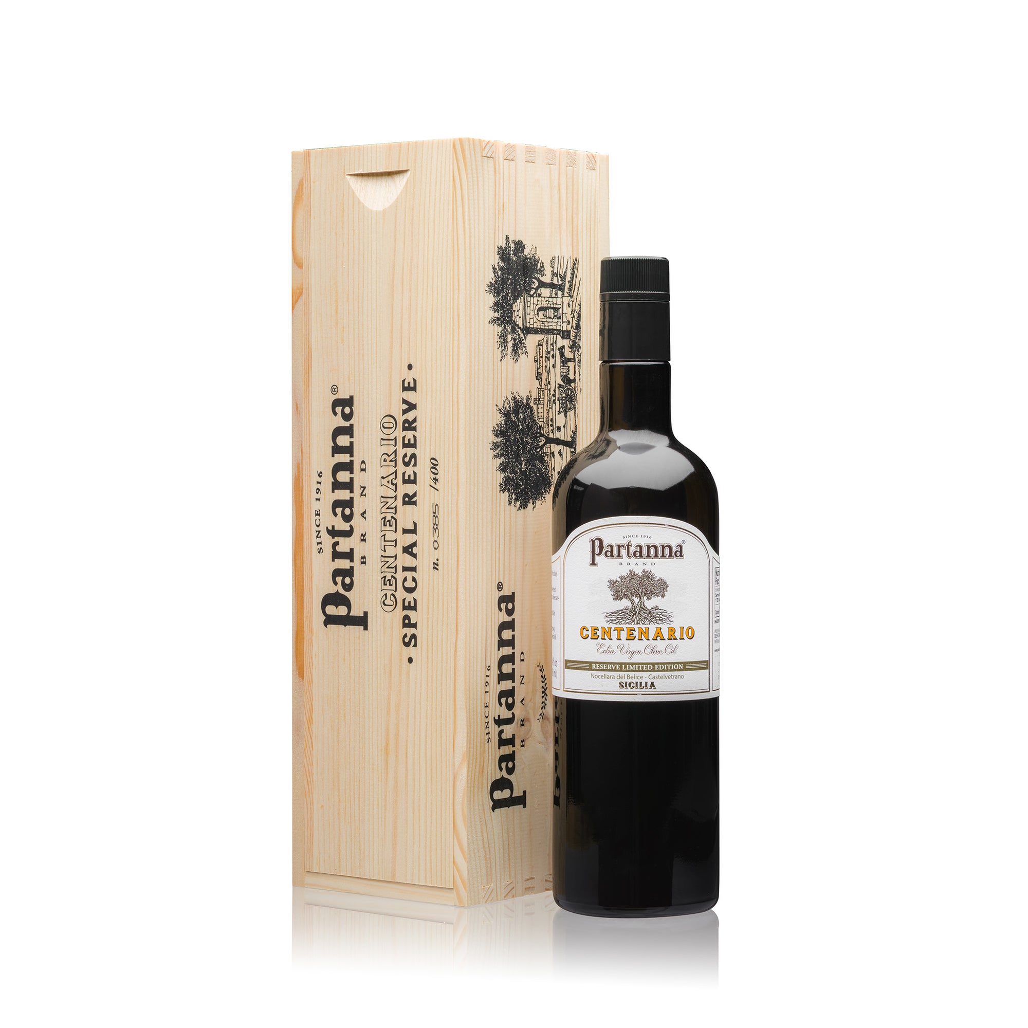 Partanna Centenario Special Reserve bottle with wooden box on a white background