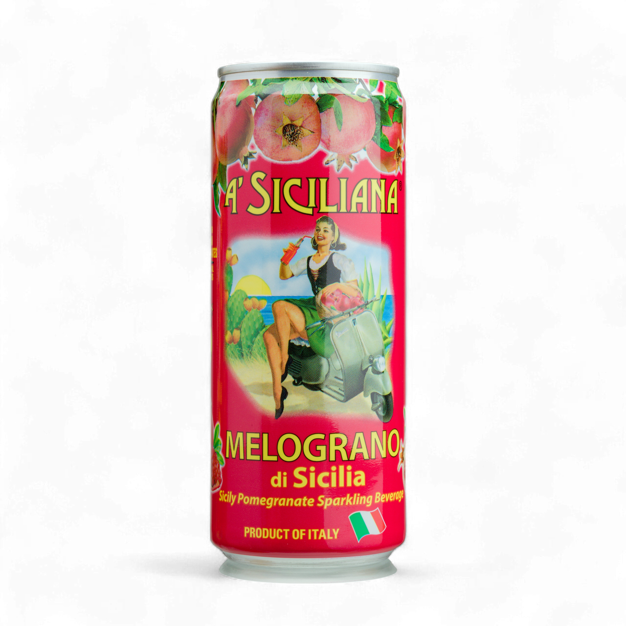 Cans of A Siciliana Melograno di Sicilia sparkling beverage on a white background