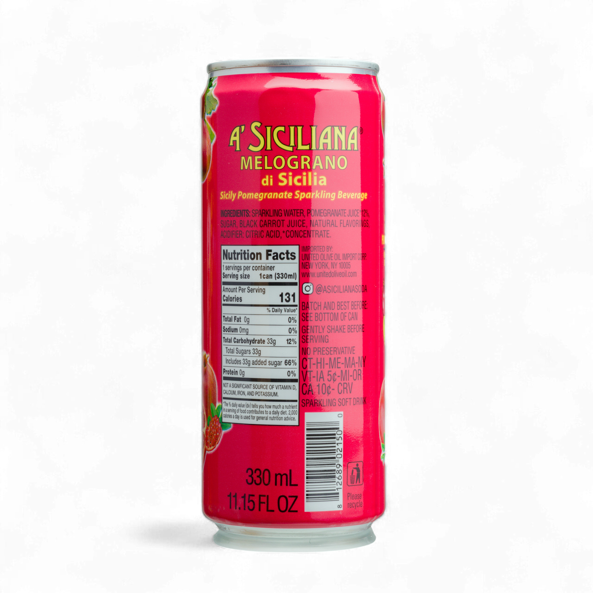 A back view of a red can of A' Siciliana Melograno di Sicilia on a white background