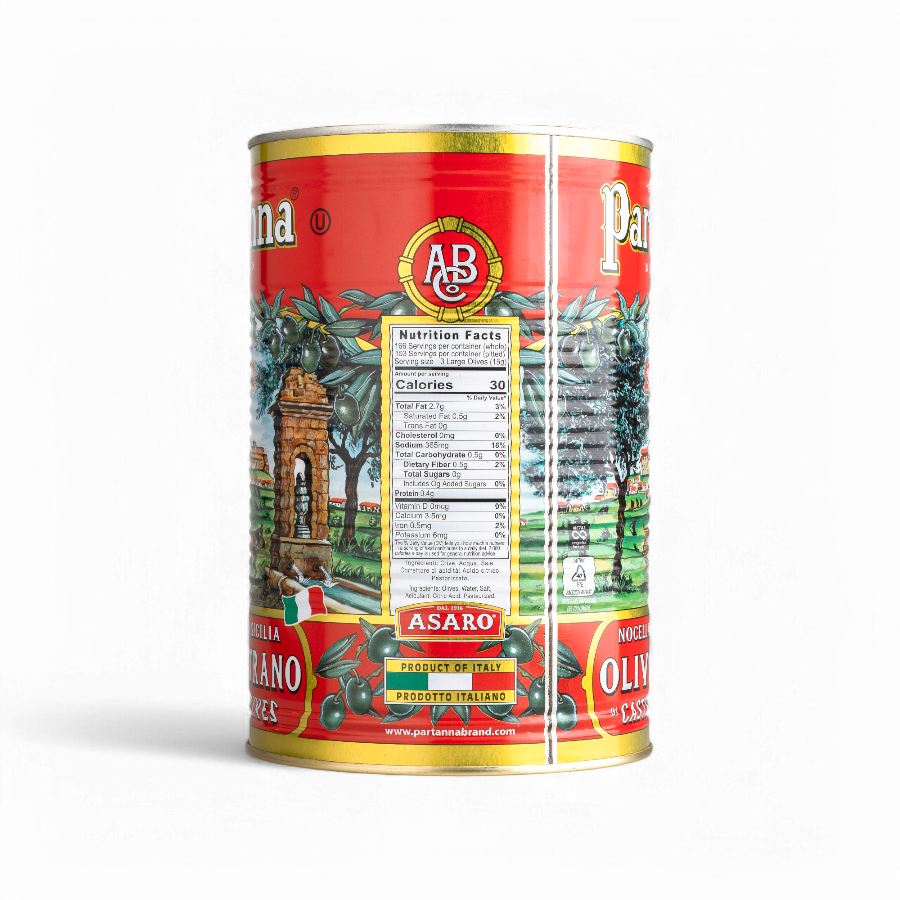 A side view of a can of Partanna castelvetrano green olives
