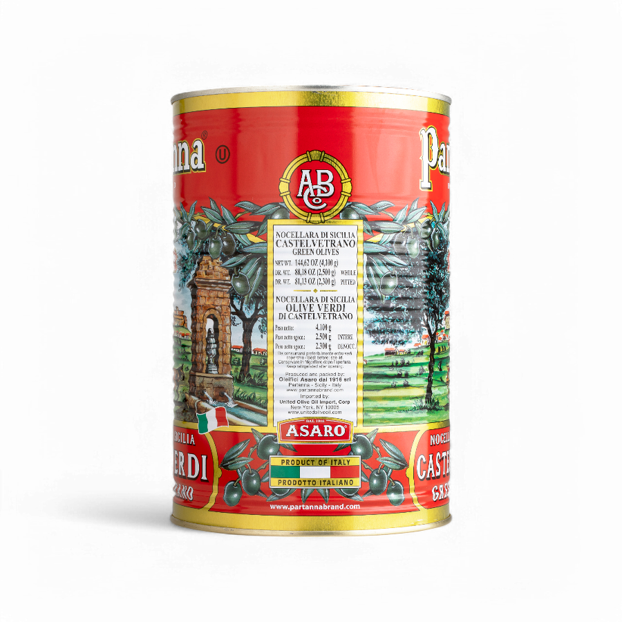 A side view of a can of Partanna castelvetrano green olives