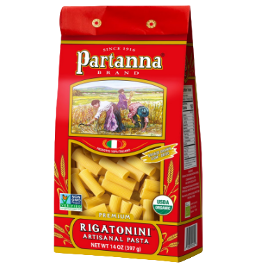 A package of rigatoni pasta.