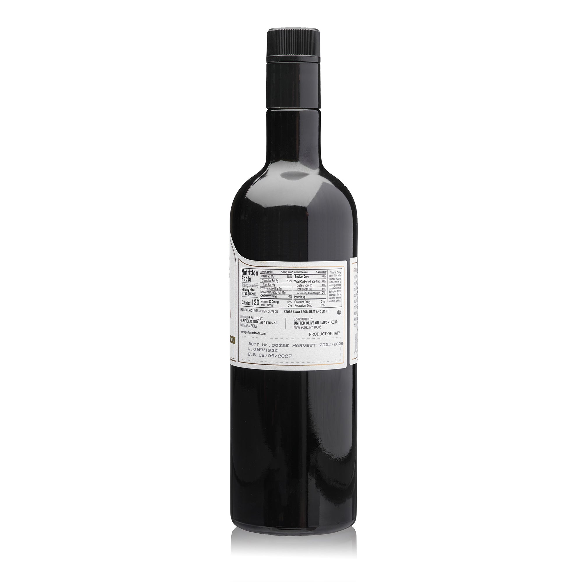 Dark glass bottle with a label on a white background