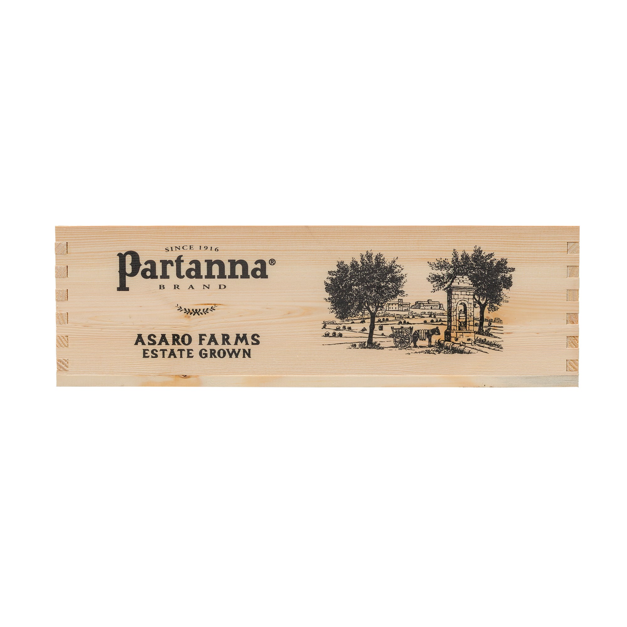 Wooden wine box with Parfanna branding and illustration of a farm scene on a white background