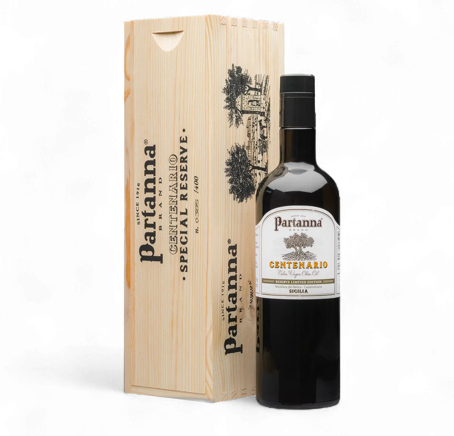 Partanna olive oil bottle with wooden box on a white background