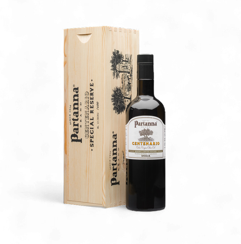 Partanna olive oil bottle with wooden box on a white background